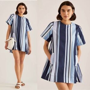 Anthropologie Maeve The Emmy Short-Sleeve Swing Mini Dress Small Blue Stripe